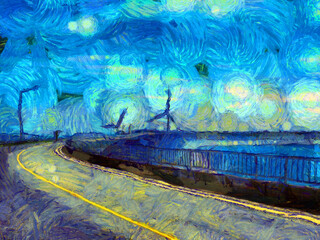 The landscape of electricity generating turbines Illustrations creates an impressionist style of painting.