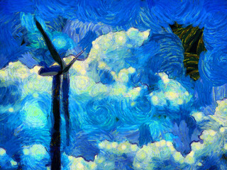 The landscape of electricity generating turbines Illustrations creates an impressionist style of painting.