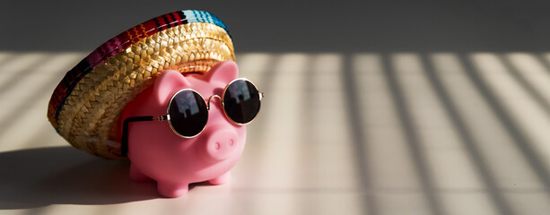 A piggy bank in sunglasses and a sombrero in the shade of the blinds
