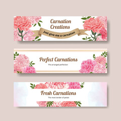 Banner template with carnation flower concept, watercolor style