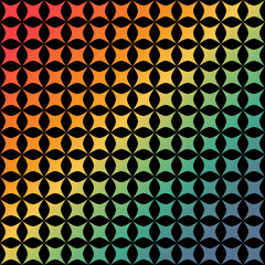 Patrón de estrellas de cuatro puntas en colores del arcoiris con degradado sobre fondo nego