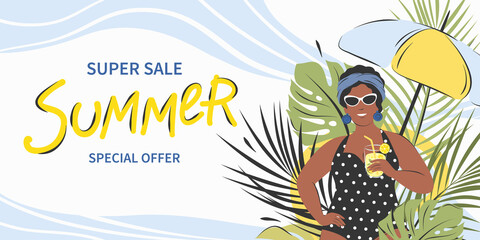 Summer sale concept. Banner design with afro american woman, tropical leaves and beach umbrella. Horizontal poster for Sales, ads, flyer, header for website. Vector Illustration