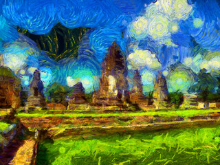 Fototapeta na wymiar Ancient thai architecture landscape Illustrations creates an impressionist style of painting.