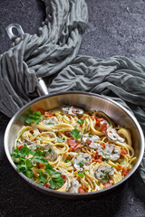 Pasta with cremini mushroom sauce, top view