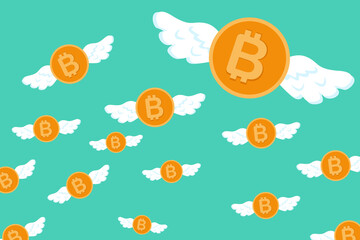 Icon bitcion cryptocurrency money gold and wing vector design.