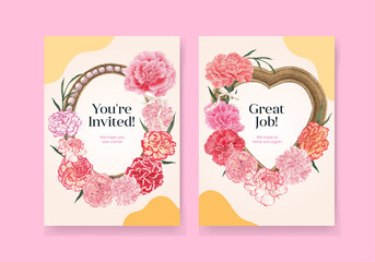 Card template with carnation flower concept, watercolor style