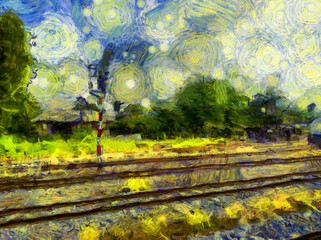 Railroad landscape in Thailand Illustrations creates an impressionist style of painting.