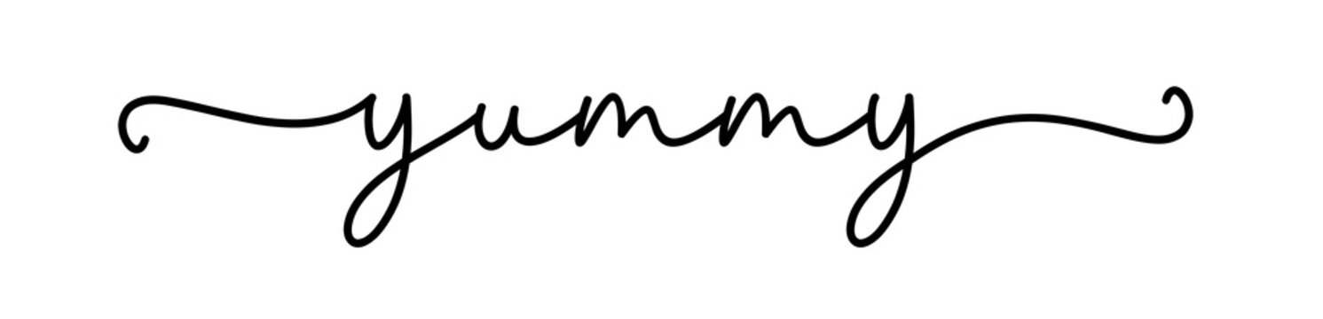 YUMMY. Continuous line typography text. Hand drawn lettering cursive script delicious word yummy. Vector inscription yummy font logo for food design.