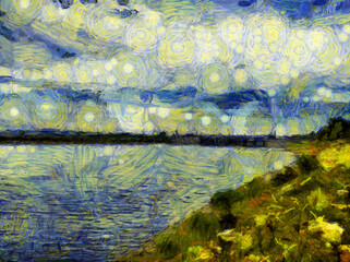Landscape of the river  Illustrations creates an impressionist style of painting.