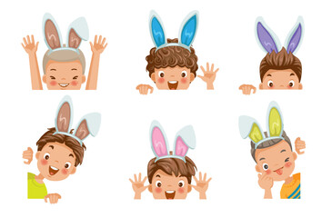 Boys with bunny ears. Gradually emerged step with copy space. Waiting for the easter rabbit. Laughing Children with bunny ears, Suspenders hunting for easter eggs. Different and many characters.