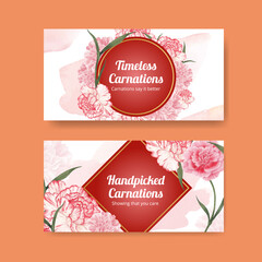 Twitter template with carnation flower concept, watercolor style