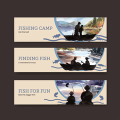 Banner template with fishing camp concept,watercolor style