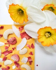 Obraz na płótnie Canvas White chocolate, pieces of strawberries, daffodils on the table.