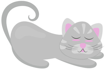 cute gray kitten lying on its stomach arching its back with closed eyes, vector illustration in flat style, pet