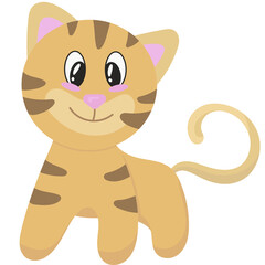 cute beige kitten with brown stripes stands and looks, vector illustration in flat style, pet