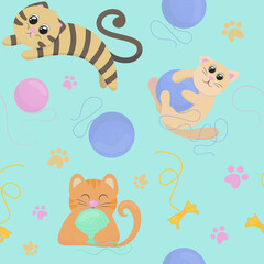 cute kittens playing with a ball of thread and jumping, blue background, vector illustration in a flat style, seamless pattern, pet