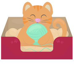 cute ginger kitten playing with a ball of thread in his crib on a litter, vector illustration in a flat style, pet