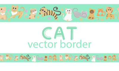 cute cats sit and stand, green background, vector illustration in flat style, horizontal border, seamless pattern, pet