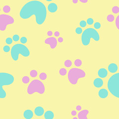 cute cat paw prints, pink and blue footprints, yellow background, vector illustration in flat style, seamless pattern, pet