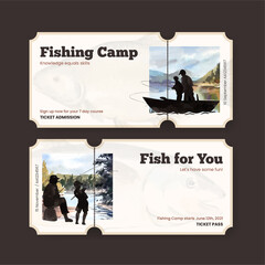 Ticket template with fishing camp concept,watercolor style