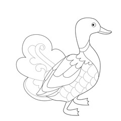 Contour linear illustration with bird for coloring book. Cute duck, anti stress picture. Line art design for adult or kids  in zentangle style and coloring page.