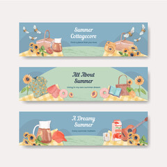 banner template with summer cottagecore concept,watercolor style