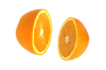 An orange cut in half is isolated on a white background with no shadow