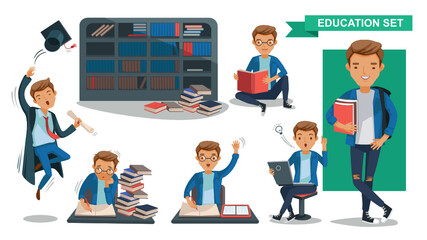 Student Man of Education set. Graduation, reading in the library, classroom lessons,Using computer, Student activity concept.