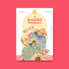 Poster template with summer cottagecore concept,watercolor style