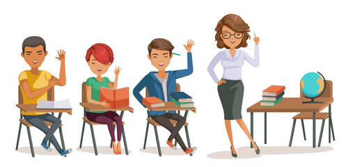 Students with teachers in classroom studying. group of multiethnic diverse hands raised. people sit on a chair in the classroom.