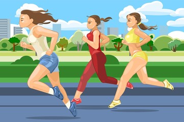 The girls are running. Sports running. Fitness and healthy lifestyle. Flat cartoon style. Women runners train in an urban park area. Women's athletics. Vector