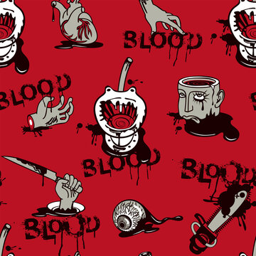 Seamless pattern on a Halloween theme with severed arms and head, torn out heart and eyes in a puddles of blood. Vector background with scary cartoon pictures and inscriptions BLOOD on a red backdrop