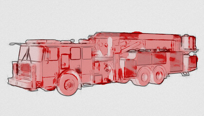 Watercolour and Ink Fire Engine Illustration. - 438562144