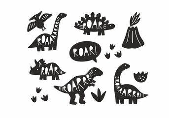 Cute doodle dino. Cartoon illustration dinosaur Silhouette. Vector print with cute dino in scandinavian style. Hand drawn lettering - Roar © NadezdaBarkova