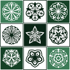 Set of green and white mandala isolated on background. Vector decorative round ornaments. Minimal design elements flower shape of snowflake icon for logo, tattoo artwork.