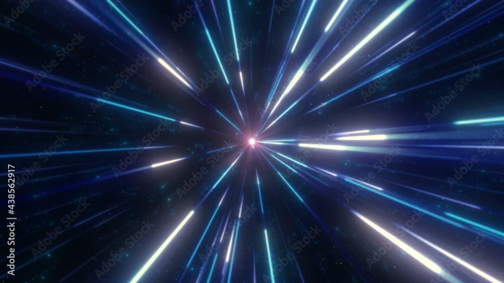 Wall mural these are motion graphics that show lines of light and small particles flying towards us from the ce