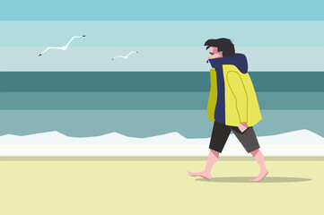 vector flat illustration of man walking on the beach isolated. sea walk 