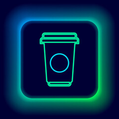 Glowing neon line Coffee cup icon isolated on black background. Disposable coffee cup with hot coffee. Colorful outline concept. Vector