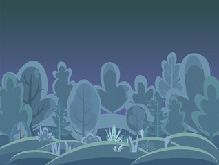 Flat forest. Night landscape with trees.Hills. Illustration in a simple symbolic style. A funny green scene. Comic cartoon design. Country wild plants. Vector