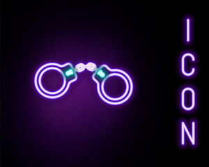 Glowing neon line Handcuffs icon isolated on black background. Colorful outline concept. Vector