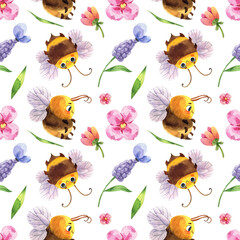 Wildflowers and insects watercolor illustration. Watercolor seamless cute cartoon summer pattern with bee and flowers.