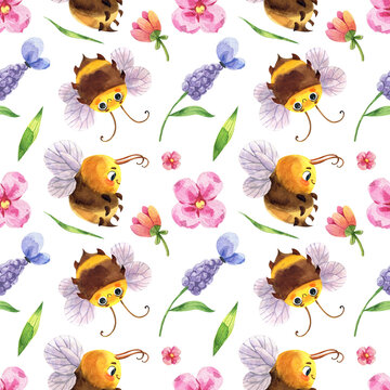 Wildflowers and insects watercolor illustration. Watercolor seamless cute cartoon summer pattern with bee and flowers.