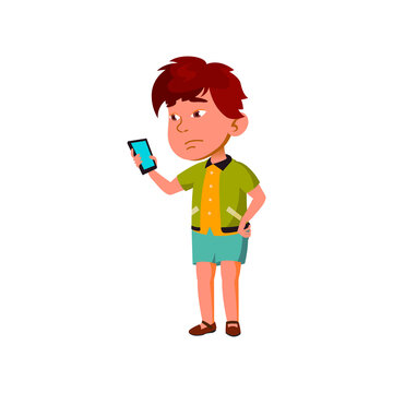 sad boy reading message on phone display cartoon vector. sad boy reading message on phone display character. isolated flat cartoon illustration
