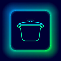 Glowing neon line Cooking pot icon isolated on black background. Boil or stew food symbol. Colorful outline concept. Vector