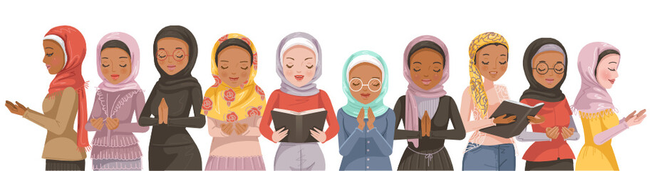 Muslim women group. Gestures of respect and prayer for ramadan.  