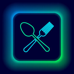 Glowing neon line Crossed fork and spoon icon isolated on black background. Cooking utensil. Cutlery sign. Colorful outline concept. Vector