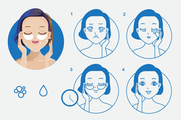 How to eye mask sheet. patch under eye cute girl smiling with moisturizing under eye mask icon