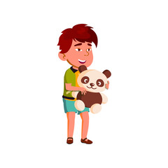 asian boy won bear toy in game cartoon vector. asian boy won bear toy in game character. isolated flat cartoon illustration