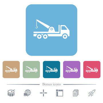 Crane truck flat icons on color rounded square backgrounds