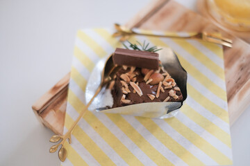 Delicious chocolate cakes on table close-up